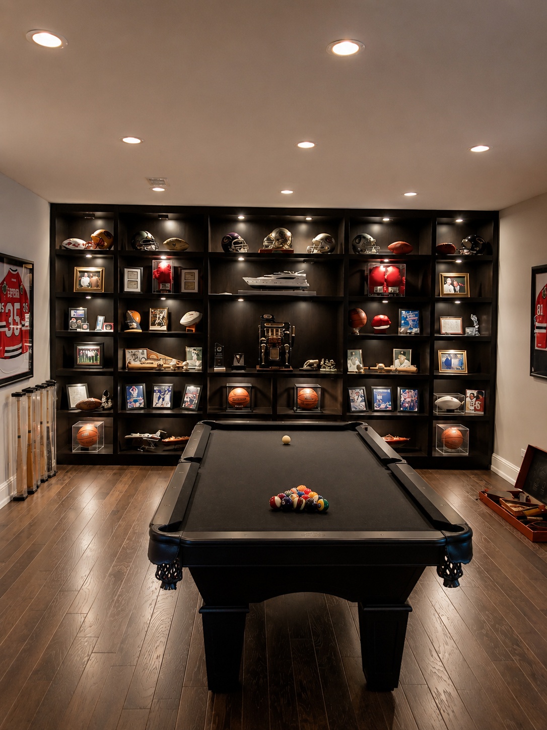 Dark espresso stained display built-in wall with open cubbies and integrated lighting in a game room with pool table