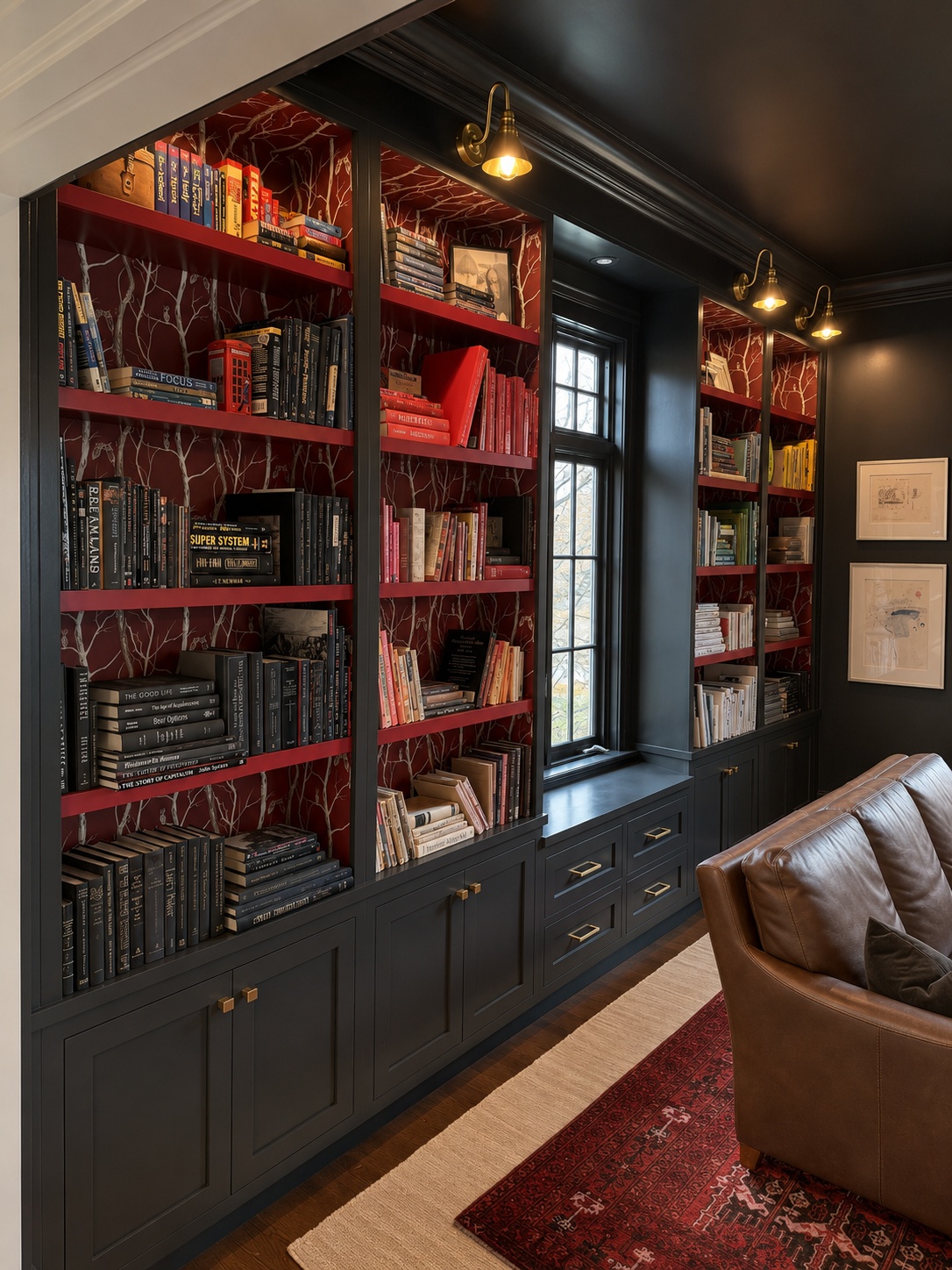 Dark charcoal library built-in with red painted shelves, Cole and Son wallpaper, and brass gooseneck sconces