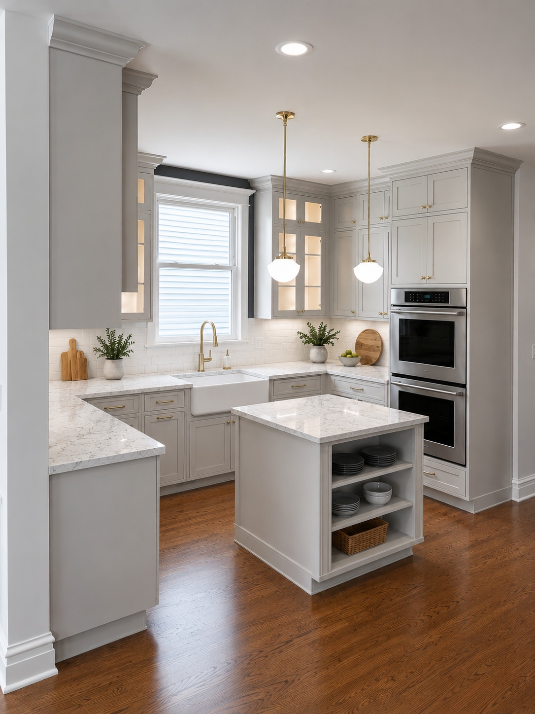 Light gray shaker kitchen with farmhouse sink, glass upper cabinets, and double oven column