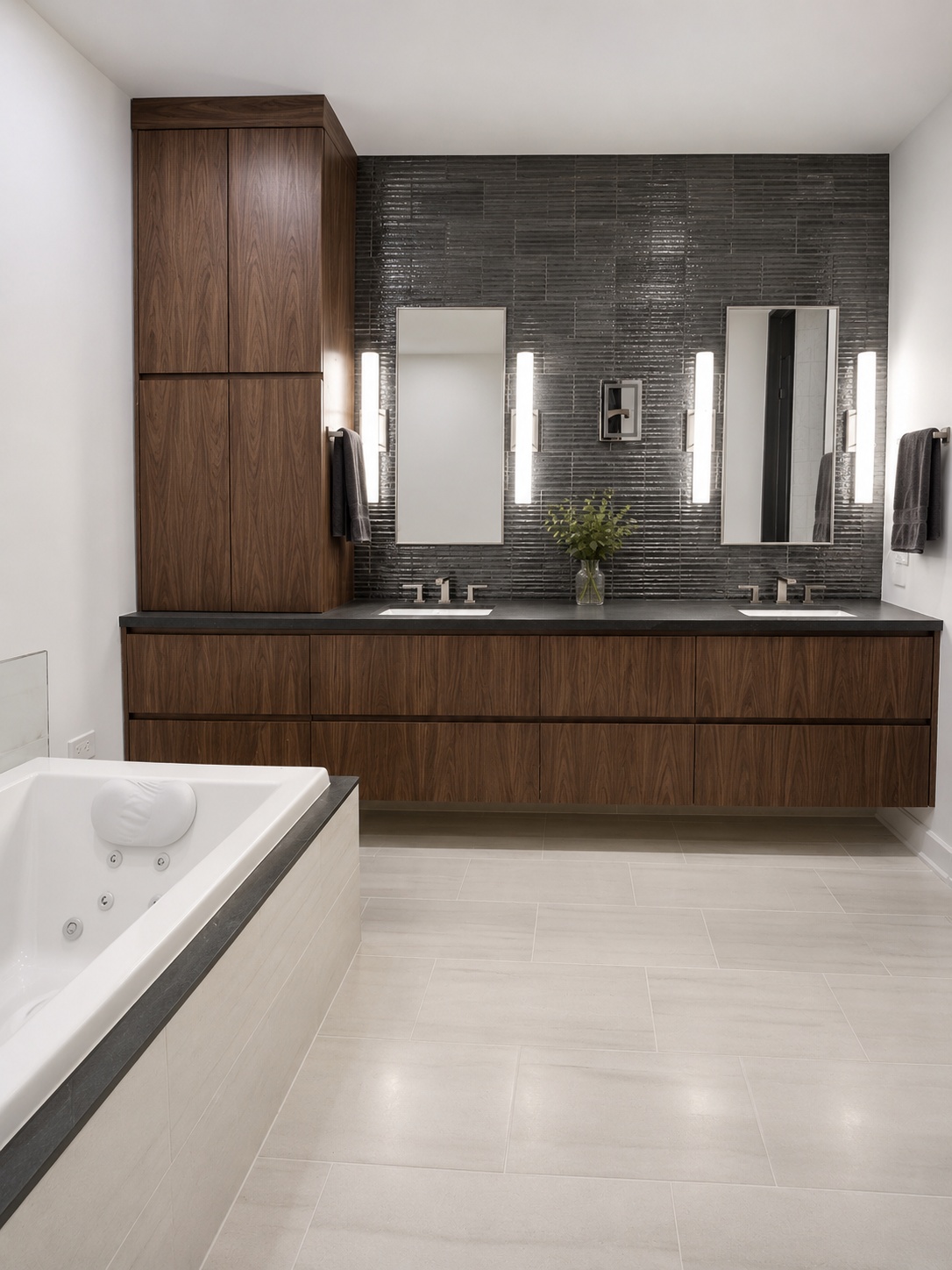 Walnut floating double-sink vanity with dark stone countertop, gray glass tile backsplash, and rectangular mirrors